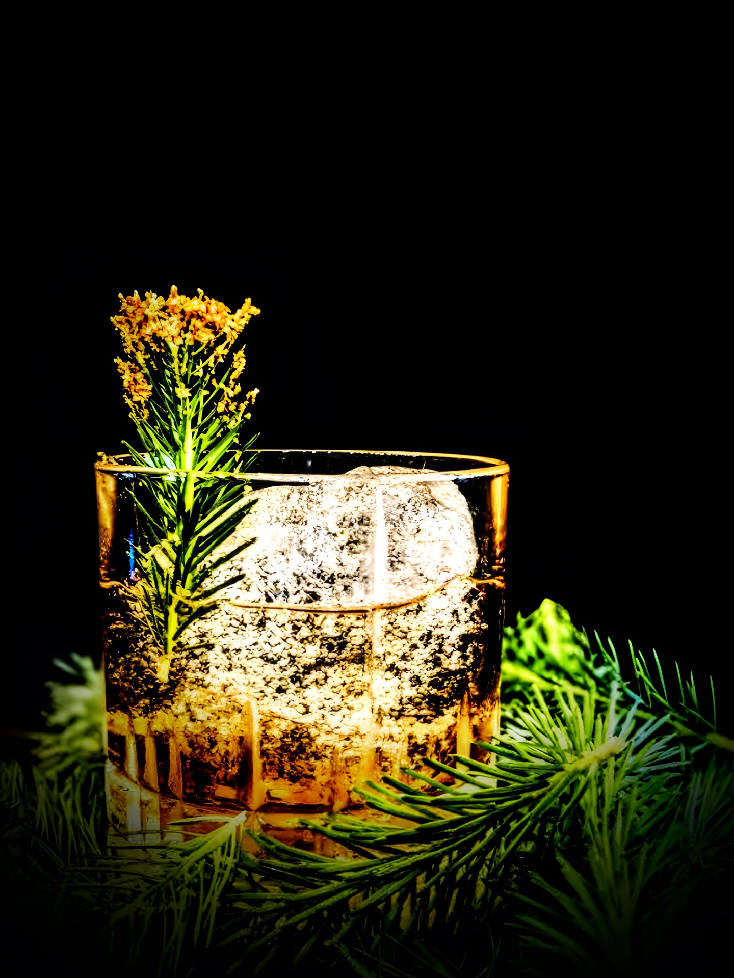 A rocks glass of an amber, gold-flecked cocktail with a clear ice cube and a pine sprig garnish, set on evergreen boughs against a black background.